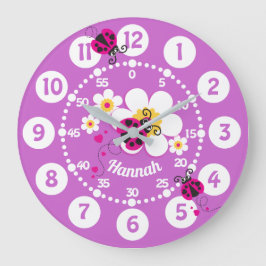 Kids ladybug & flower pink purple girls wall clock große wanduhr