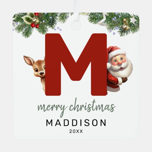 Kids Letter M Monogram Christmas Tree Ornament Aus Metall (Vorderseite)