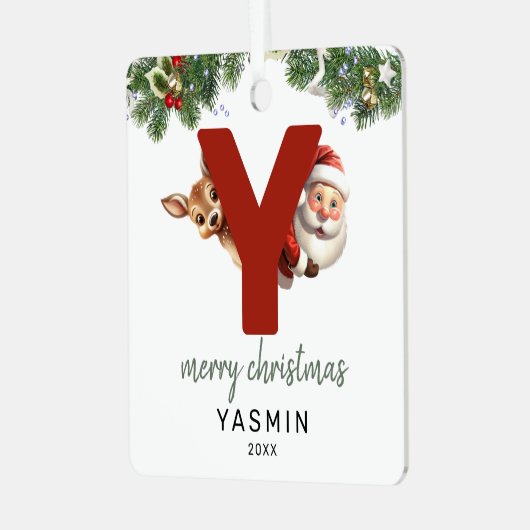 Kids Letter Y Monogram Christmas Tree Ornament Aus Metall (Vorderseite links)