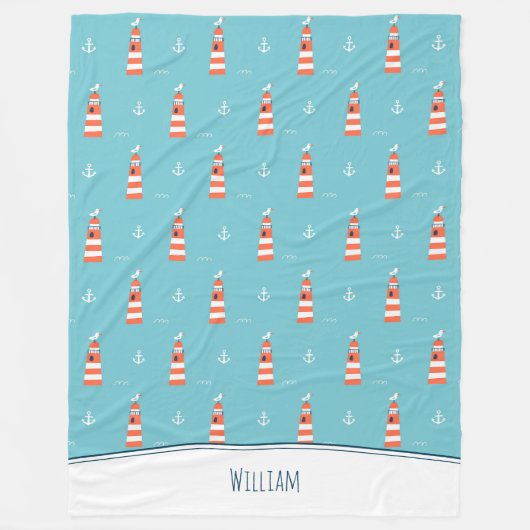 Kids Lighthouse and Anchor Pattern on Blue Fleecedecke (Vorderseite)