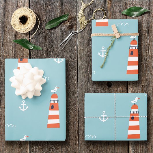 Kids Lighthouse and Anchor Pattern on Blue Geschenkpapier Set