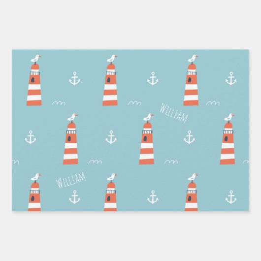 Kids Lighthouse and Anchor Pattern on Blue Geschenkpapier Set (Vorderseite 2)