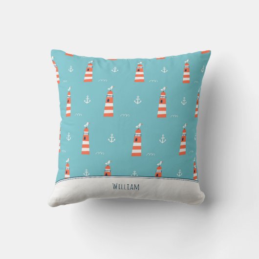 Kids Lighthouse and Anchor Pattern on Blue Kissen (Rückseite)