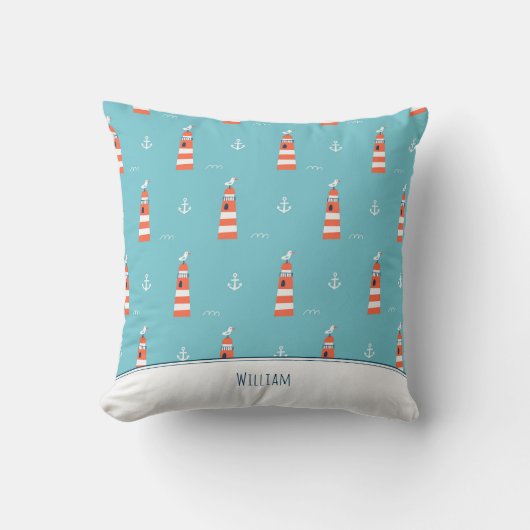 Kids Lighthouse and Anchor Pattern on Blue Kissen (Vorderseite)
