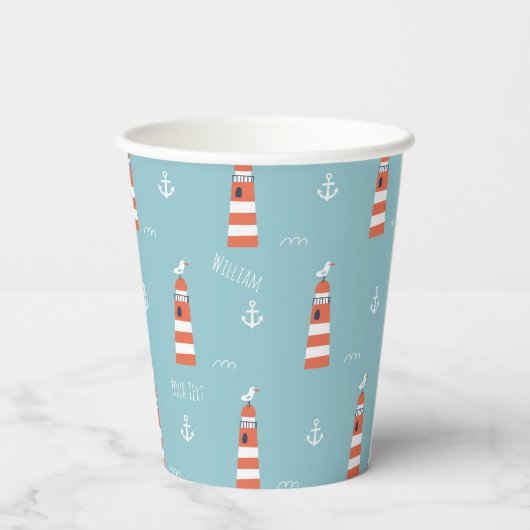 Kids Lighthouse and Anchor Pattern on Blue Pappbecher (Rückseite)
