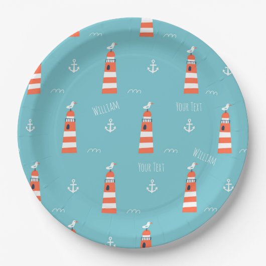 Kids Lighthouse and Anchor Pattern on Blue Pappteller (Vorderseite)
