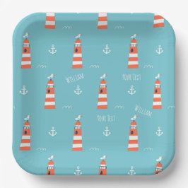 Kids Lighthouse and Anchor Pattern on Blue Pappteller