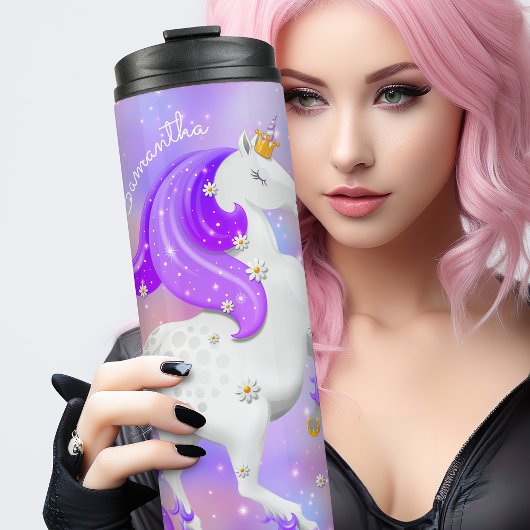 Kids Lila Candy Floss Einhorn mit Blume Therme Thermosbecher