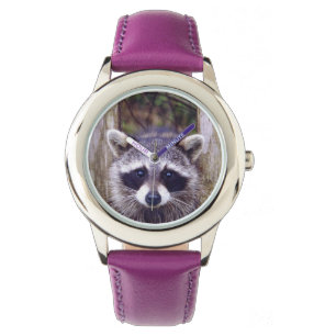 Kid's Lila Lederband mit Raccoon Armbanduhr