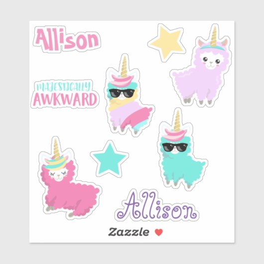 Kids Llama Unicorn Personalisiert Fun Set Aufkleber (Blatt)