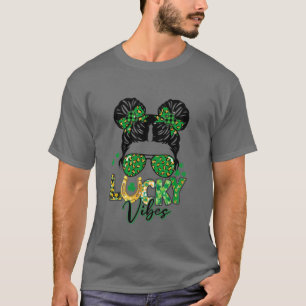 Kids Lucky Vibes Double Bun Kleeblatt St Patricks T-Shirt