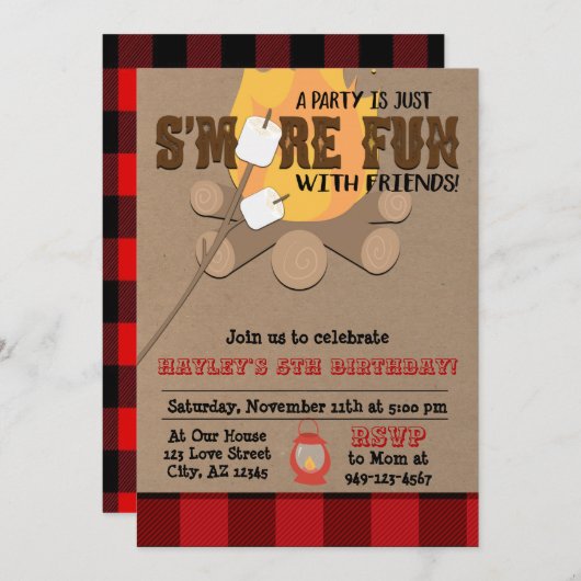 Kids macht Spaß mit Freunden Lagerfeuer kariert Einladung (Vorne/Hinten)