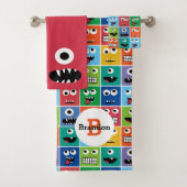 Kids Monster-Gesichtspattern farbenfrohe Monogramm Badhandtuch Set (Insitu)
