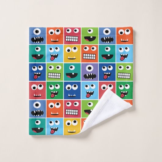 Kids Monster-Gesichtspattern farbenfrohe Monogramm Badhandtuch Set (Waschlappen)