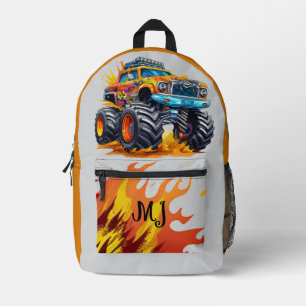 Kids Monster Truck mit Orange Flames Initialen Bedruckter Rucksack