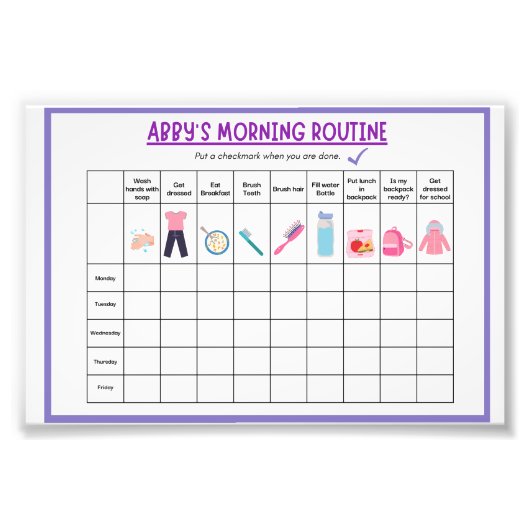 Kids Morning Routine Checklist with Cute Icons Fotodruck (Vorne)