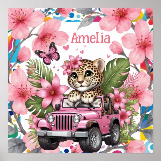 Kids Name & Floral Baby Jungle Animals Nursery  Poster (Vorne)