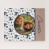 Kids Navy Beige Unicorn Custom Foto mit Name Puzzle (Horizontal)