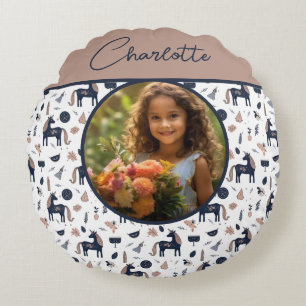 Kids Navy Beige Unicorn Custom Foto mit Name Rundes Kissen