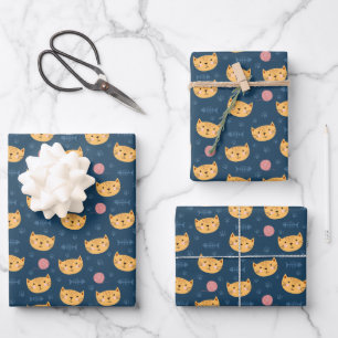 Kids Niedlich Kitty Cat Faces Paw Prints Ball of Y Geschenkpapier Set