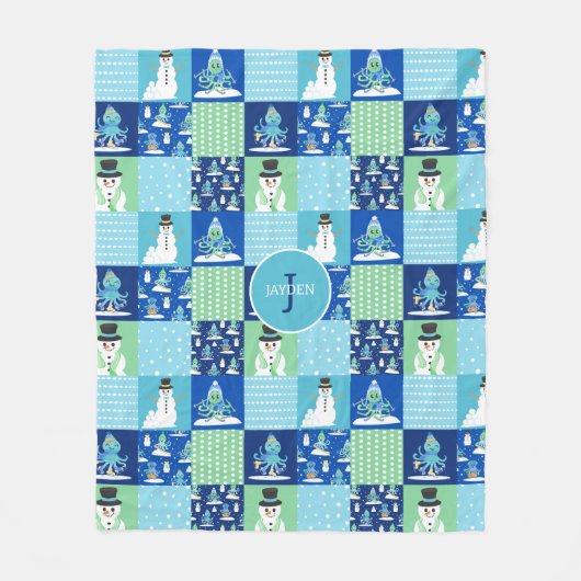 Kids Octopus Winter Sports Patchwork Personalisier Fleecedecke (Vorderseite)