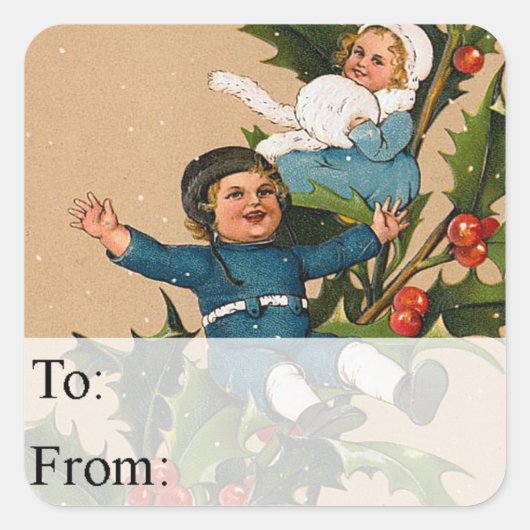 Kids on Holly Vintage Gift Tag Quadratischer Aufkleber (Vorderseite)