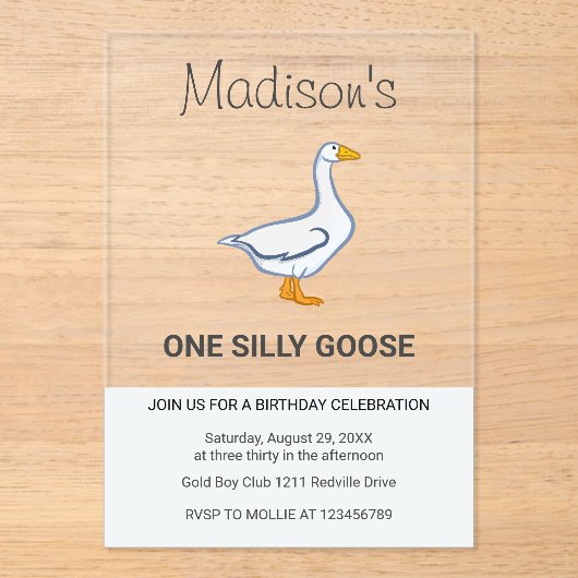 Kids One Silly Goose First Birthday Acryleinladungen (Vorderseite)