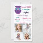 Kids Owl Birthday Party Foto Einladung<br><div class="desc">Kinder Owl Geburtstagsparty Süße Tier Custom Foto Einladung. Ratet mal, wer Geburtstag hat? Passen Sie diese farbenfrohe Eule-Themeneinladung in hübschem aquamarinen, lila und rosa Schriftart an. Eine lustige kleine Eule am oberen Ende und vier Fotos Ihrer Wahl, um das Geburtstagsmädchen hochzuladen. Personalisieren Sie Details für das Party, wann und wo...</div>