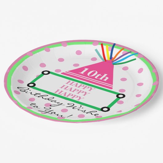 Kids Party Hat grün rosa Polka Dots Pappteller (Schrägansicht)