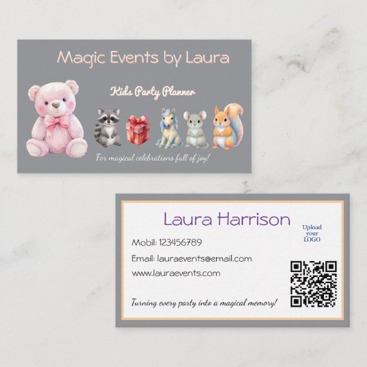 Kids Party Planner Pastor Teddy Bear QR-Logo Visitenkarte (Vorne/Hinten)