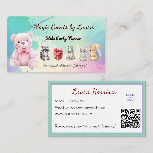 Kids Party Planner Pastor Teddy Bear QR-Logo Visitenkarte (Vorne/Hinten)