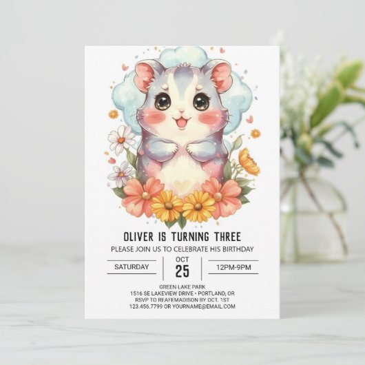 Kids Pastel Hamster Geburtstag Einladung (Stehend Vorderseite)