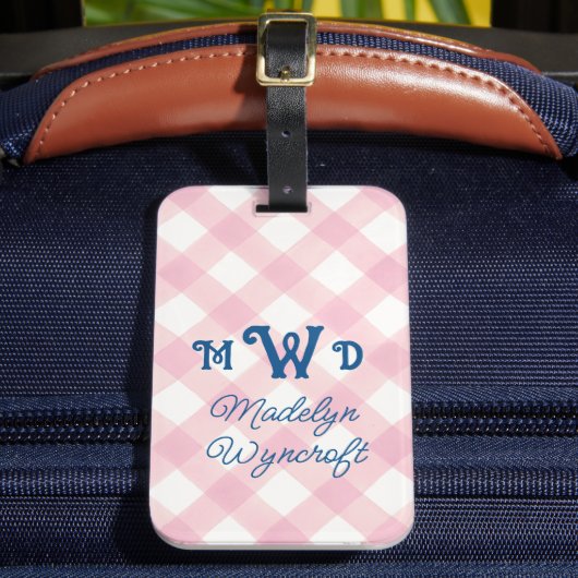 Kids Personalisiert Pink Monogram Gingham Bag Tag Gepäckanhänger (Vorderseite Insitu 2)