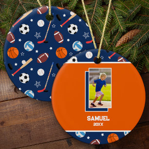Kids Personalisiert Sports Patterns Foto Weihnacht Keramik Ornament