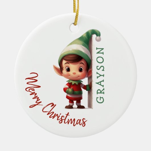 Kids Personalized Elf Christmas Tree Keramik Ornament (Vorne)