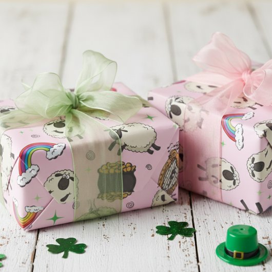 Kids Pink St. Patrick’s Day Sheep & Shamrocks Geschenkpapier