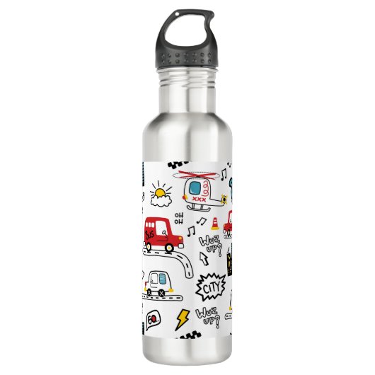 Kids Playful Transport Pattern  Edelstahlflasche (Vorderseite)
