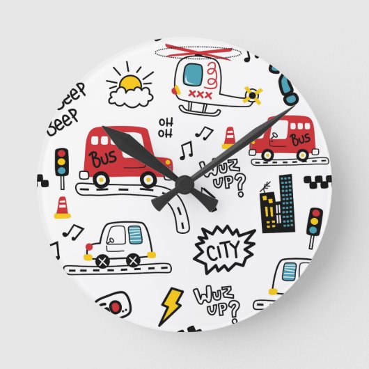 Kids Playful Transport Pattern  Runde Wanduhr (Vorderseite)