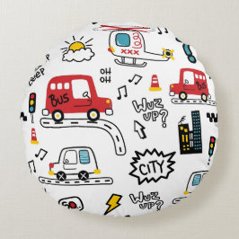 Kids Playful Transport Pattern  Rundes Kissen