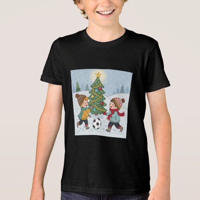 Kids Playing Soccer Under the Snow Tri-Blend Shirt (Vorderseite)