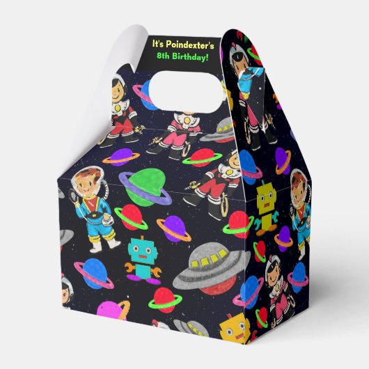 Kids Retro Astronauten und Roboter Personalisiert Geschenkschachtel (Rückseite)