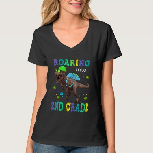 Kids Roaring Into 2nd Grade Dinosaur 1st Day Back T-Shirt (Vorderseite)