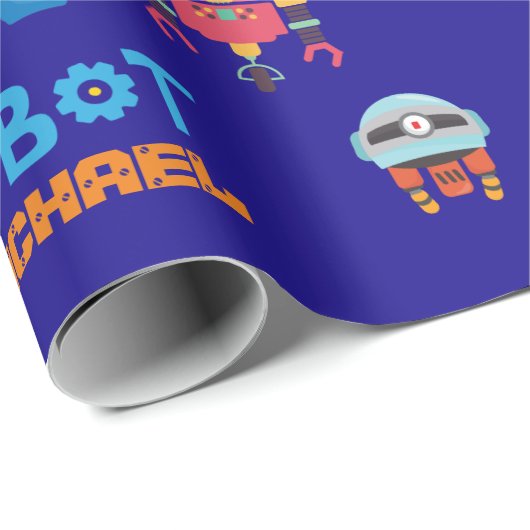 Kids ROBOT als Royal Blue Cartoon Funny Robots Geschenkpapier (Rolleneckpunkt)