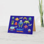 KIDS ROBOT Personalisiert Blue Funny Cartoon Robot Karte<br><div class="desc">Spaß personalisierte Grußkarte für einen Jungen von Mädchen,  die Roboter Liebe! Helle,  farbenfrohe Roboter mit Namensvorlage auf der Vorderseite und Roboter,  Nüsse und Bolzen gestylt Typografie! Informationen zu Party Einladungen zum Thema Roboter und zu den Vorräten des Party finden Sie in der beiliegenden Auflistung von Kontakt-Designer LeahG.</div>