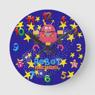 Kids ROBOT Schlafzimmerdekor Rosa Blauer Name Nüss Runde Wanduhr
