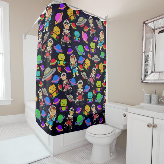 Kids Room Retro Roboter und Astronauten Duschvorhang (Beispiel)