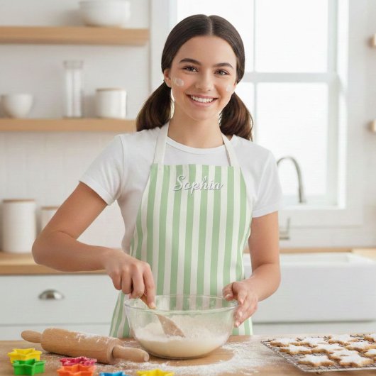 Kids' Sage Green Stripe Custom Name Apron Schürze