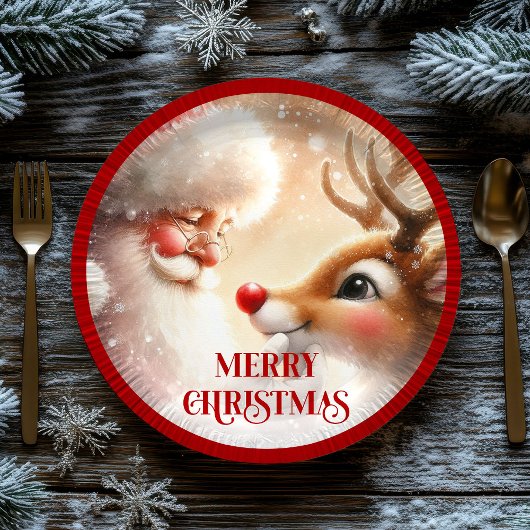 Kids Santa and Red Nose Rudolph Christmas Plates Pappteller