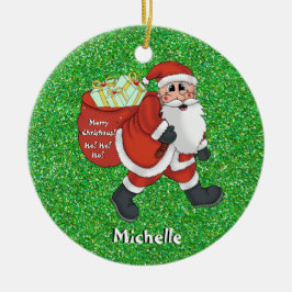 Kids Santa Christmas Picture Name Green Sparkle Keramik Ornament