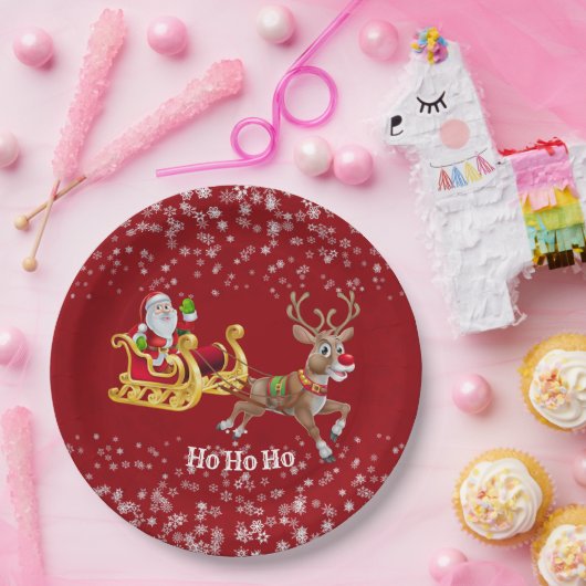 Kids Santa Christmas Rentier Sleigh Snowflake Rot Pappteller (Party)